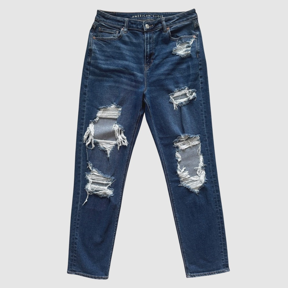 American Eagle Mom Jean Dark Wash Distressed Ripped High Rise Denim 10 Grunge